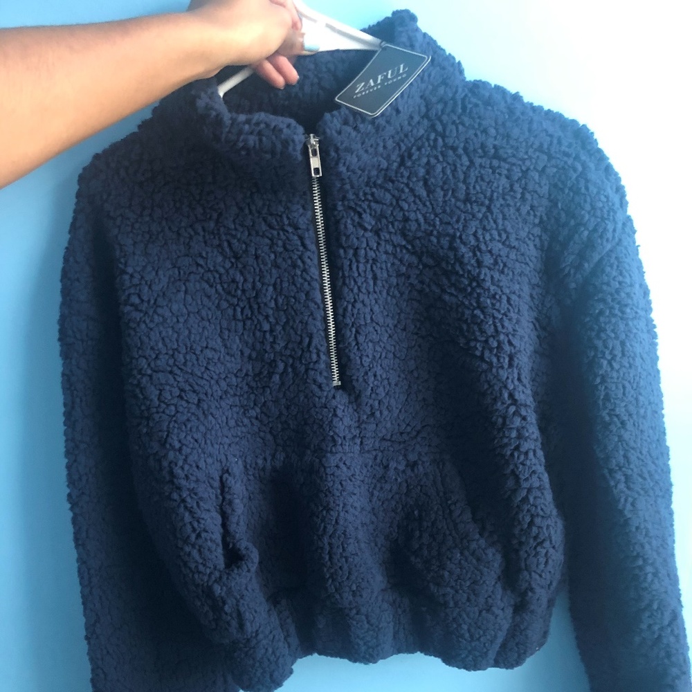 Navy Blue Zaful Teddy Sweater(cropped & w/ zipper)